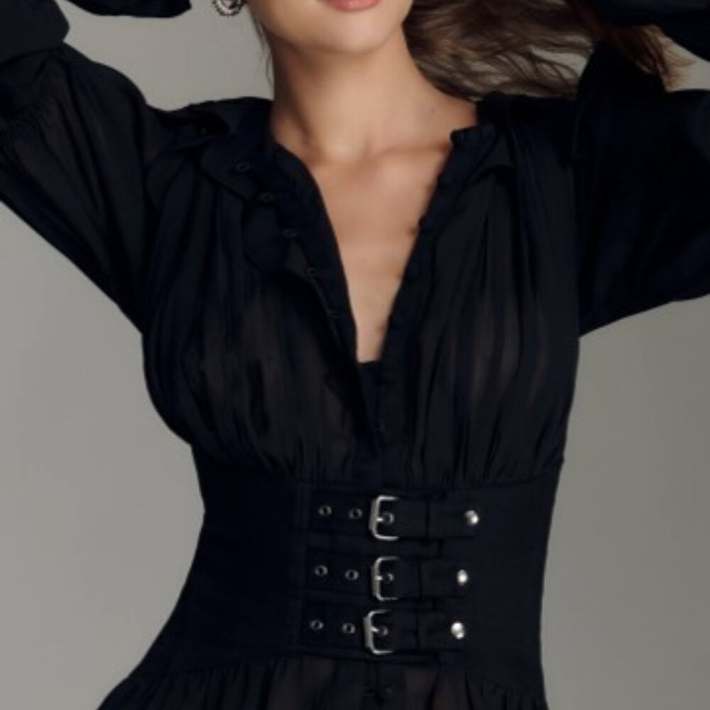 Anthropologie Long-Sleeve Sheer Corset Blouse black size xxs - Picture 3 of 7